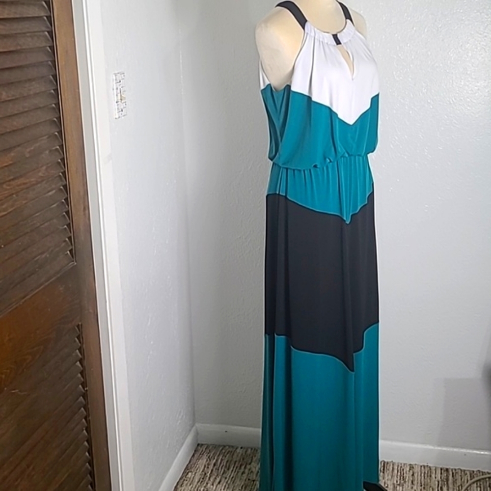 London Style White, Teal, Black Colorblock Maxi-Dress, Halter Neckline Sz Medium - Picture 10 of 12